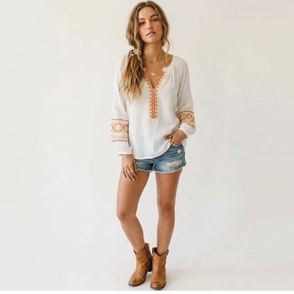 Grace + Karma Women's L White Embroidered Gauze Cotton Boho Peasant Blouse